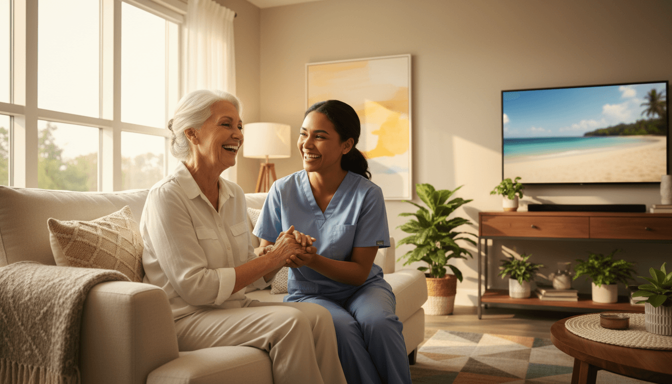 Senior adult woman smiling with caregiver in bright modern home