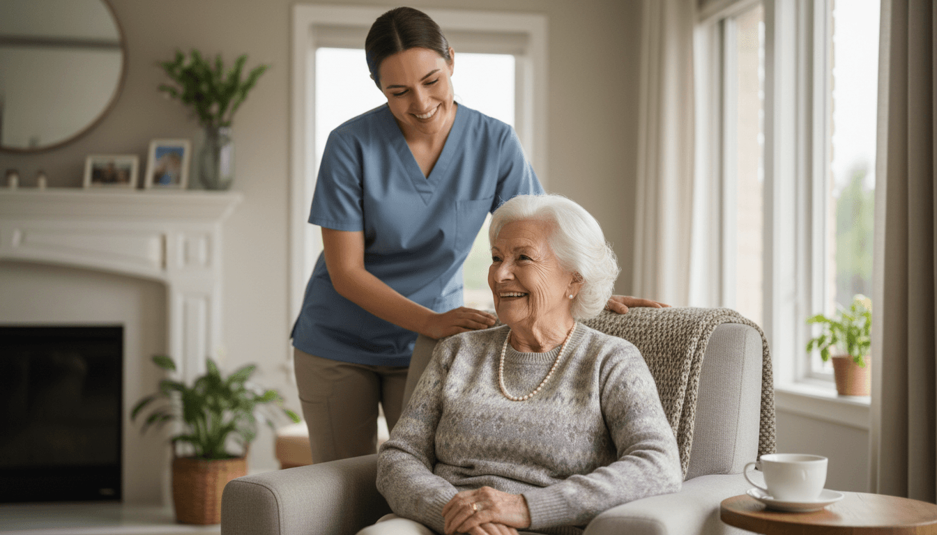 Senior woman at home with caregiver nearby