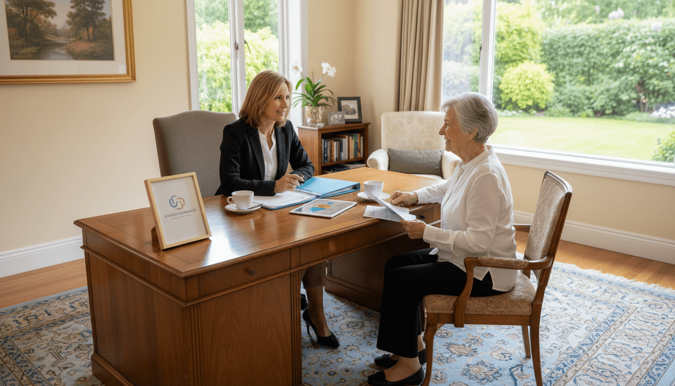 Senior care consultant having a consultation with an elderly woman in a comfortable office environment