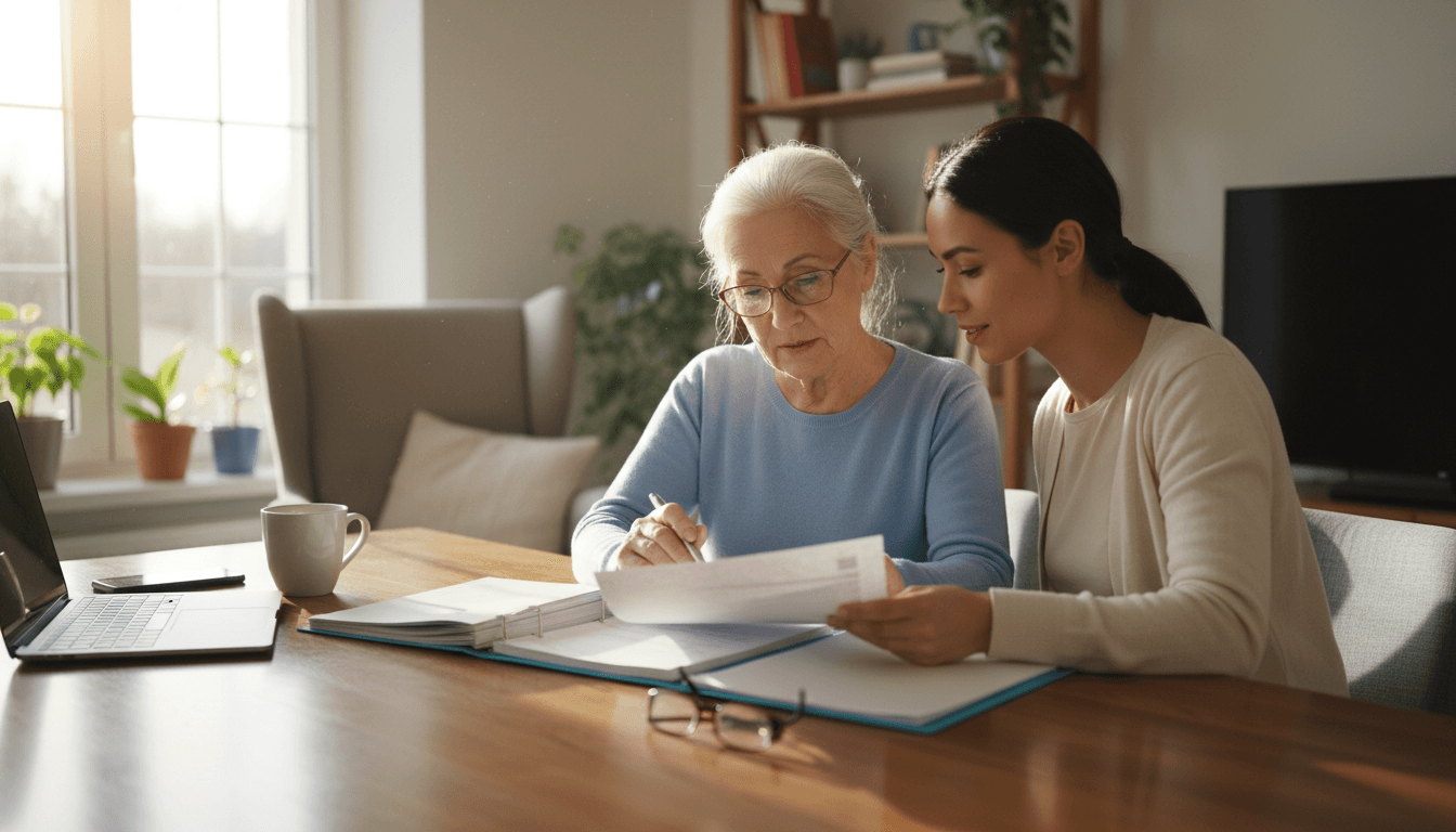 Senior and caregiver reviewing care options together at home