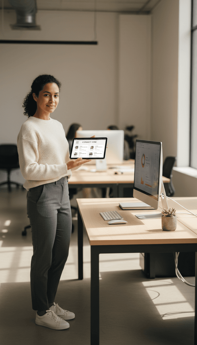Professional woman in a modern office ready to help with a warm friendly expression