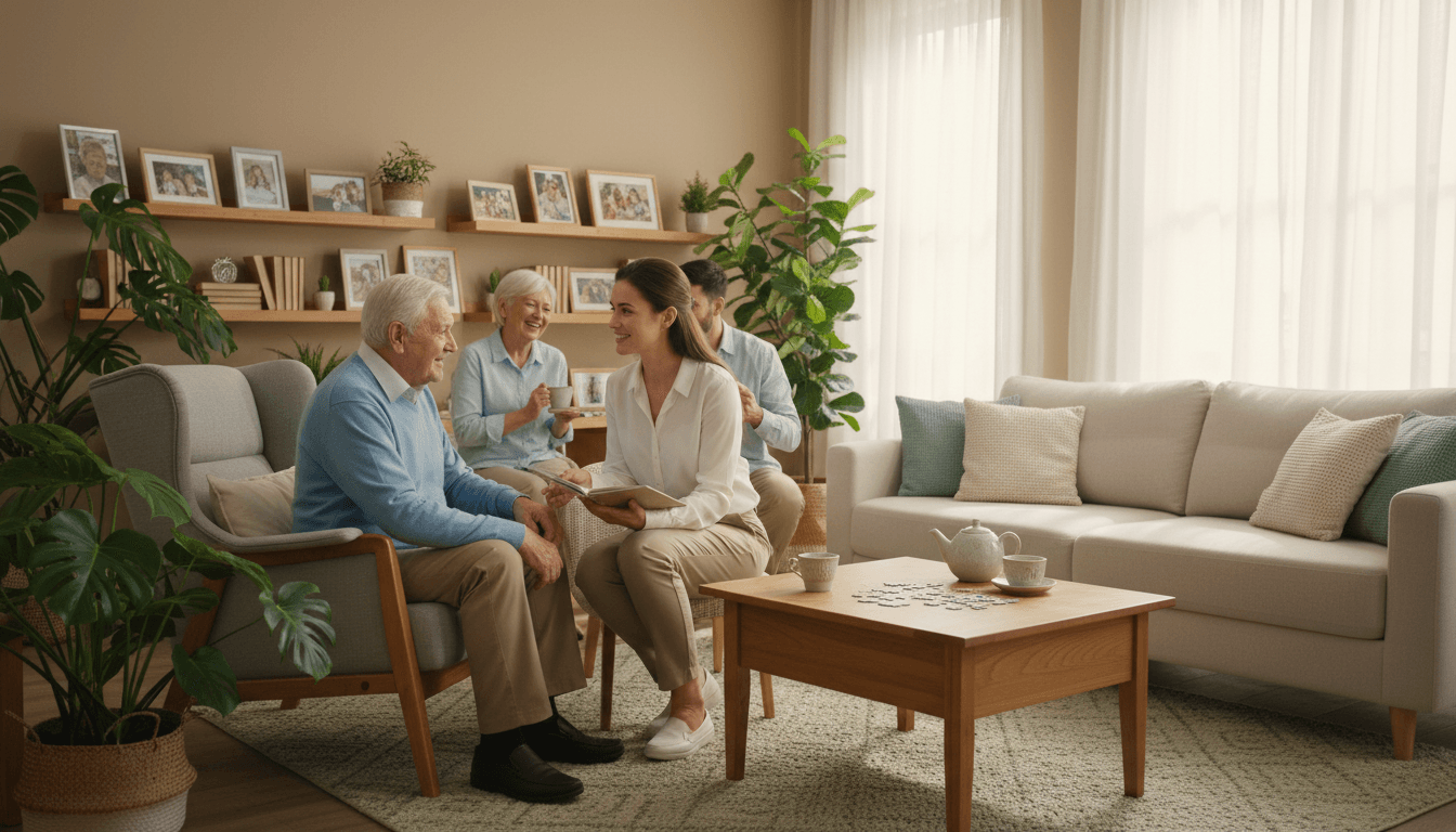 Senior adult having a warm conversation with a professional caregiver in a comfortable home environment