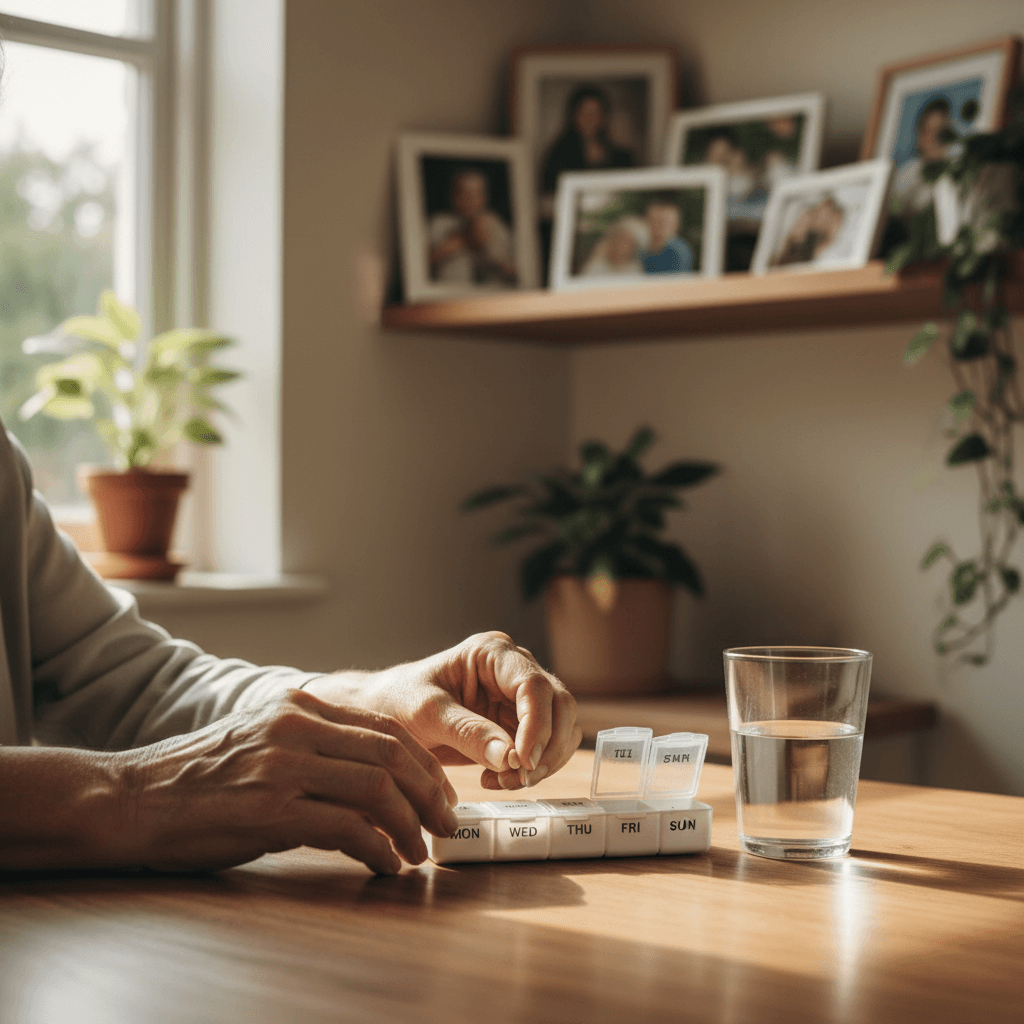 Caregiver helping senior with medication organization