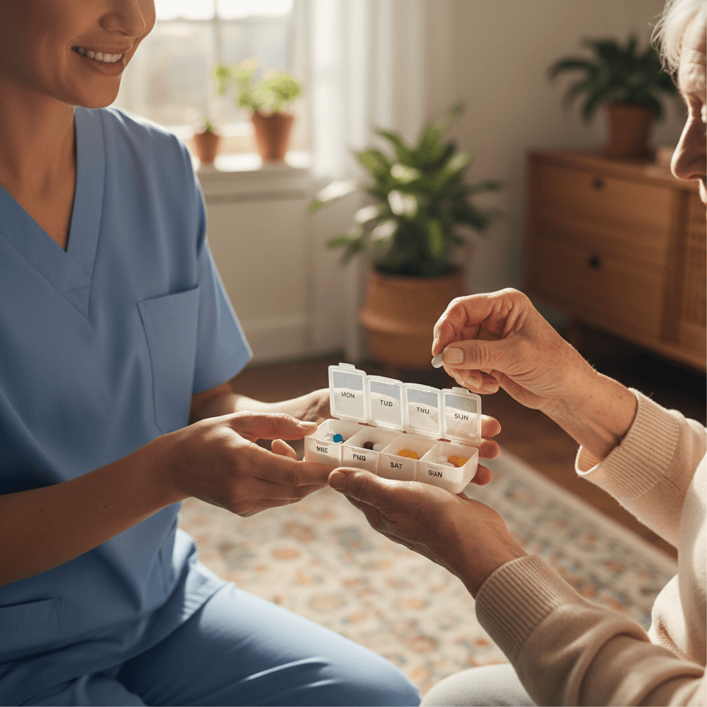 Senior woman and caregiver having a warm conversation in a comfortable living room