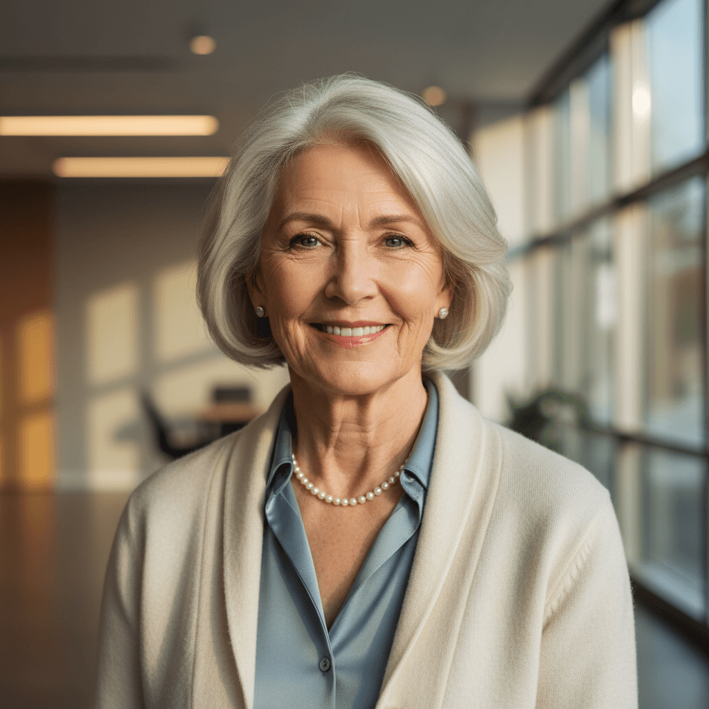 Senior woman smiling warmly in bright home setting