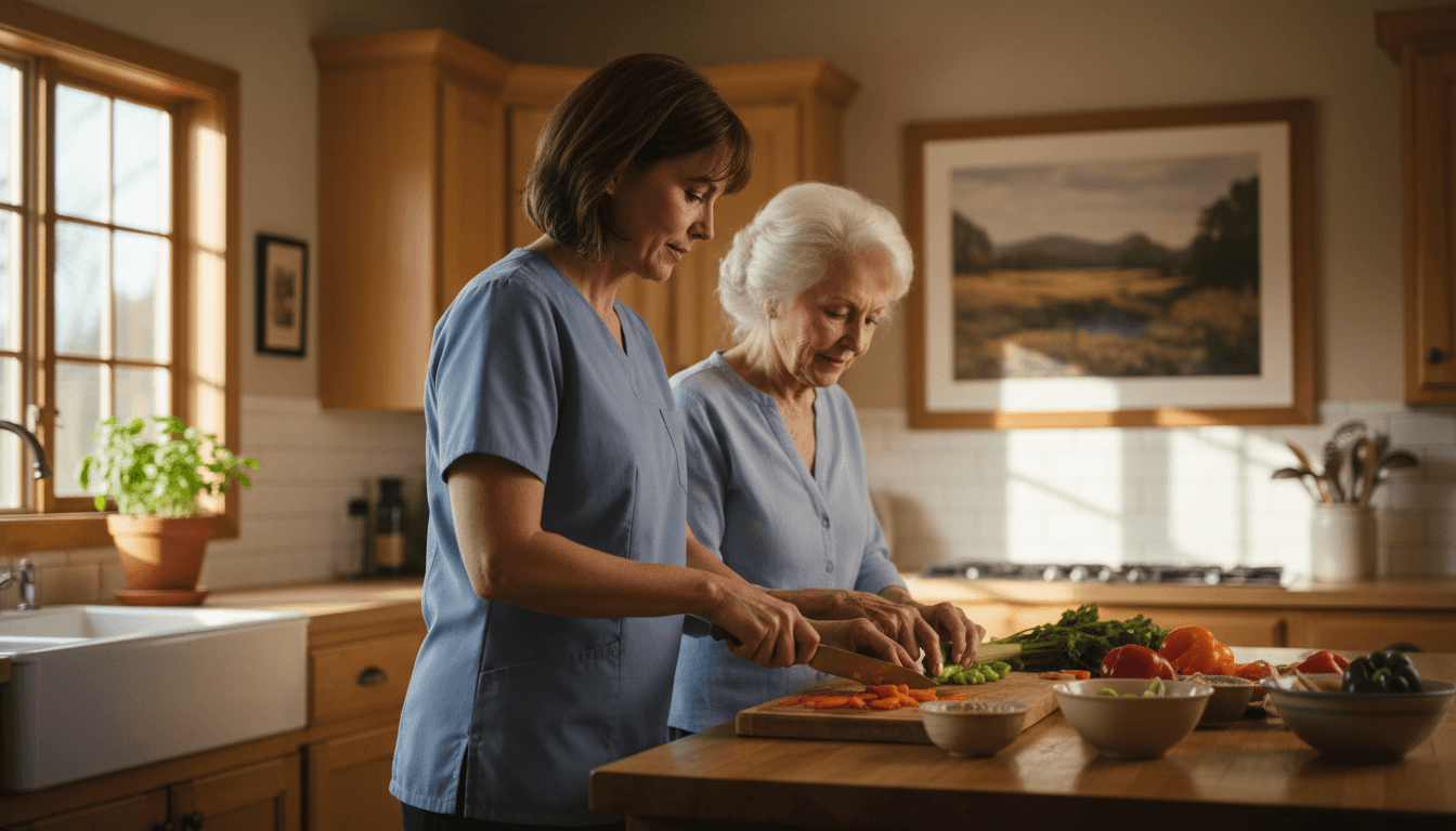 Senior woman reviewing care plan with professional caregiver at home